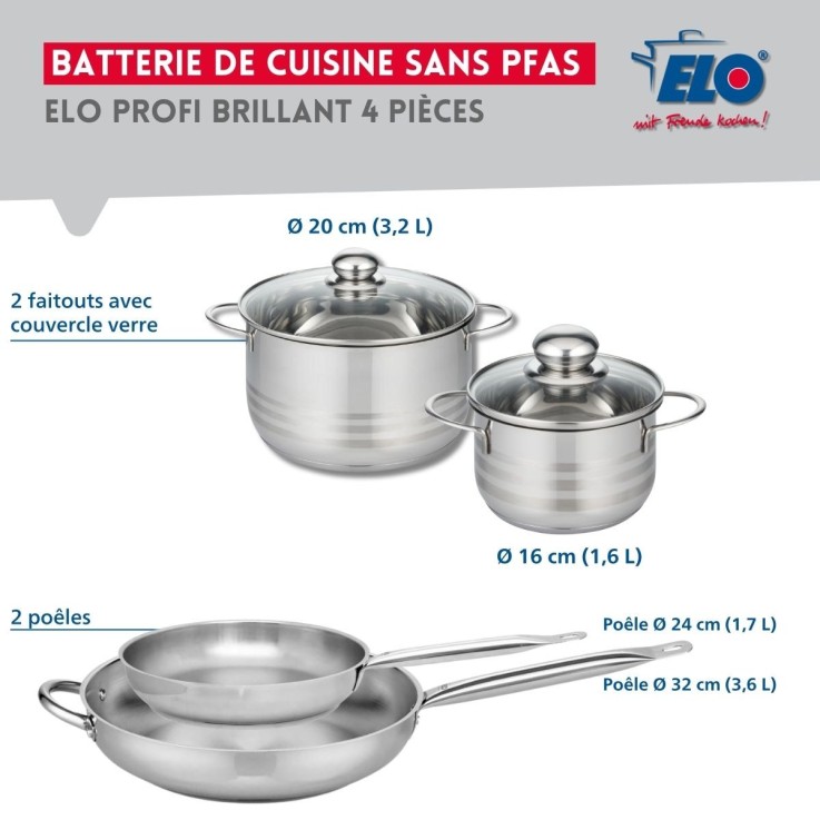 Batterie de cuisine Profi Brillant en inox - 4 pièces - poêles 24 et 32 cm - faitouts 16 et 20 cm