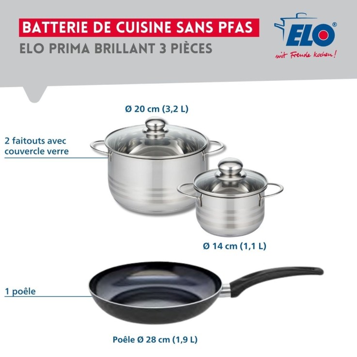 Batterie de cuisine Prima Brillant en aluminium et inox - 14, 20 et 28 cm