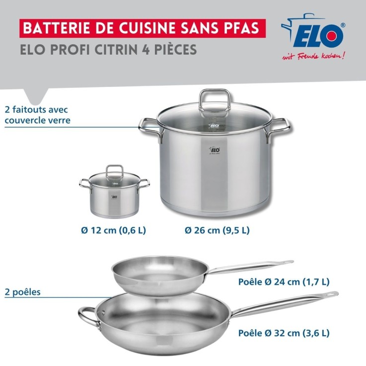 Batterie de cuisine Profi Citrin en inox - 12, 24, 26 et 32 cm
