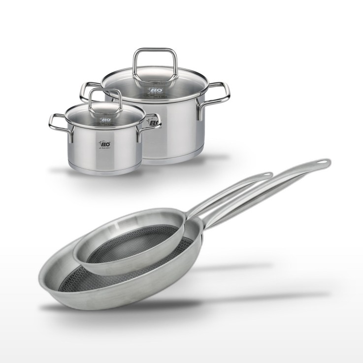 Batterie de cuisine Relief Solution en inox - 2 poêles et 2 faitouts - 12, 16, 24 et 28 cm - noire