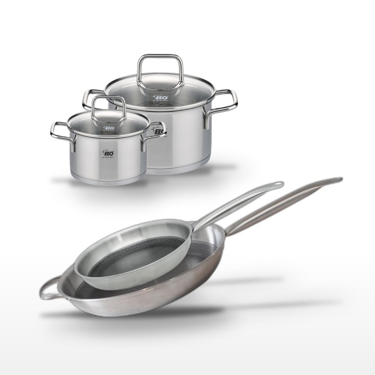 Batterie de cuisine Relief Solution en inox - poêles 28/32 cm - faitouts 12/16 cm