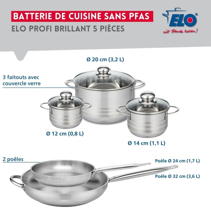 Ensemble de poêles et faitouts Profi Brillant en inox - 5 pièces