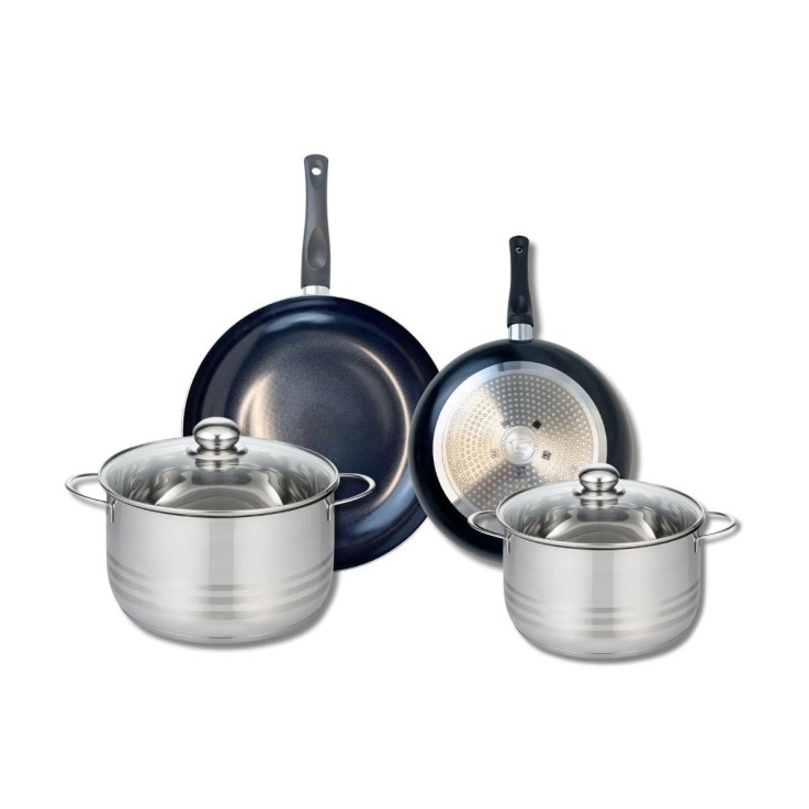 Batterie de cuisine Prima Brillant en aluminium et inox - poêles 24 et 28 cm - faitouts 20 et 24 cm