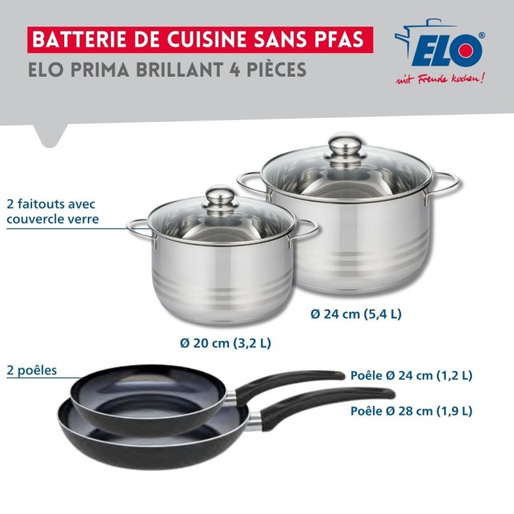 Batterie de cuisine Prima Brillant en aluminium et inox - poêles 24 et 28 cm - faitouts 20 et 24 cm
