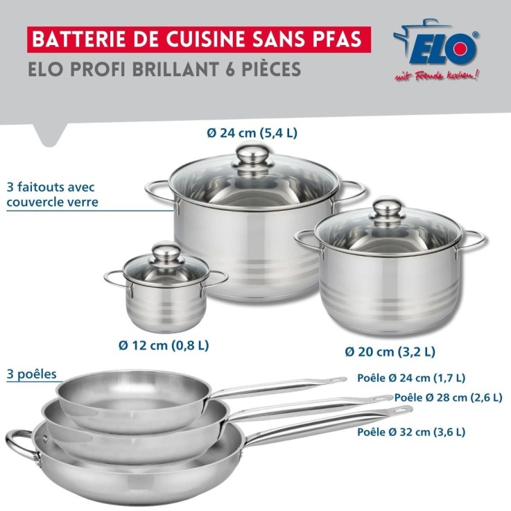 Batterie de cuisine Profi Brillant en inox - 3 poêles et 3 faitouts