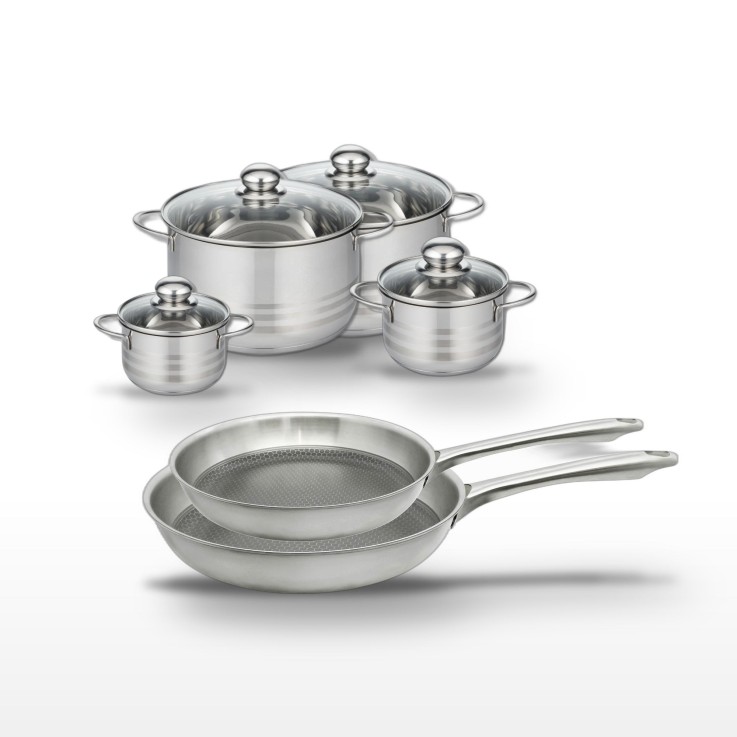 Batterie de cuisine Relief Passion en inox - 2 poêles 24/28 cm et 4 faitouts