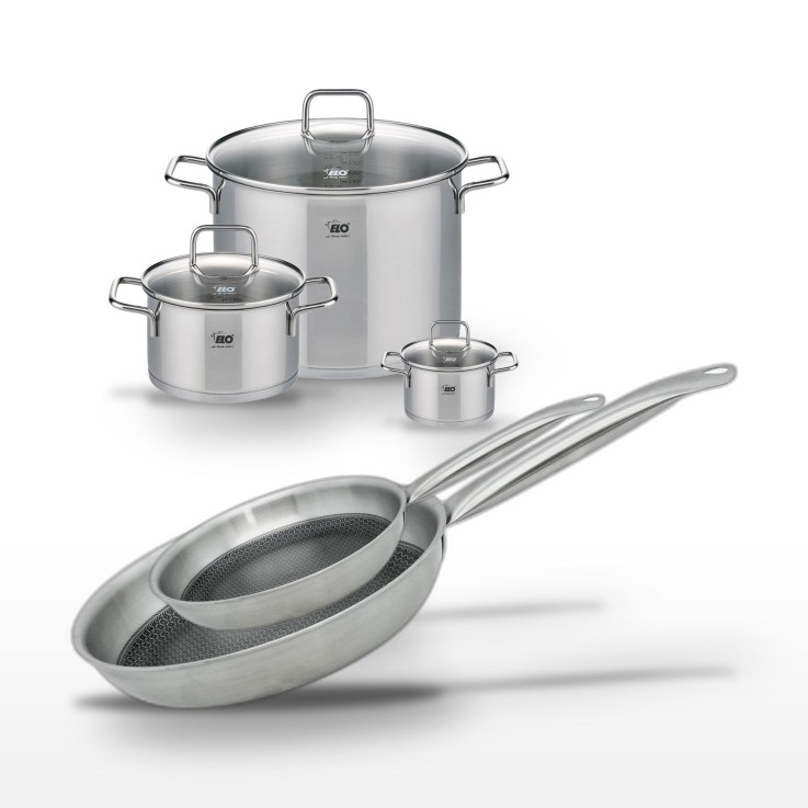 Batterie de cuisine Relief Solution en inox - 3 faitouts et 2 poêles