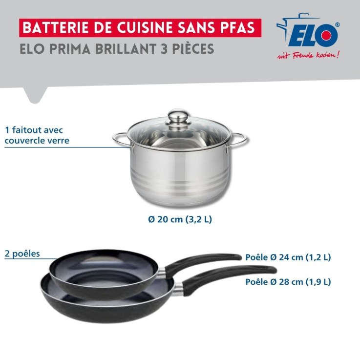 Batterie de cuisine Prima Brillant en aluminium et inox - 24, 28 et 20 cm - 3,2 L