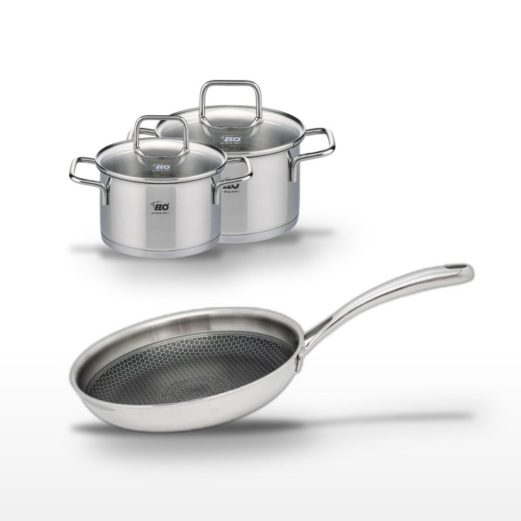 Lot poêle et faitouts en inox - 24 cm - 14 et 16 cm