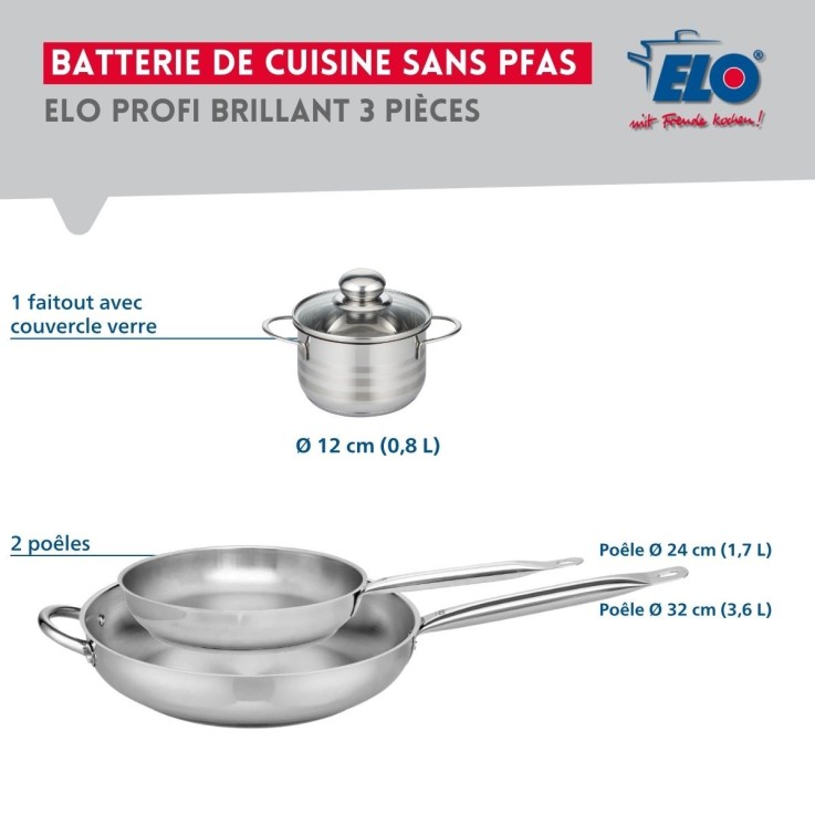 Batterie Profi Brillant en inox - 2 poêles 24/32 cm - faitout 12 cm