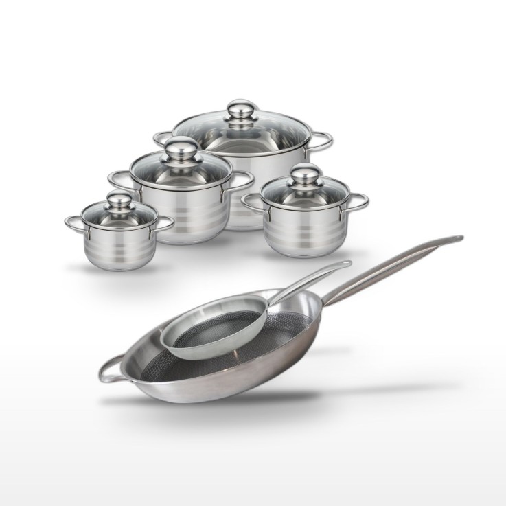 Lot de 2 poêles et 4 faitouts Relief Solution en inox - noir