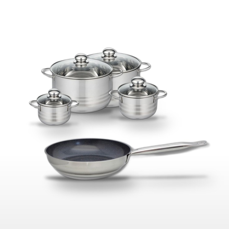 Lot de batterie de cuisine en inox - poêle 24 cm - 4 faitouts