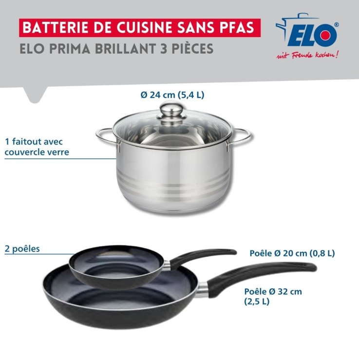 Batterie de cuisine Prima Brillant en aluminium et inox - 20, 24 et 32 cm - noir