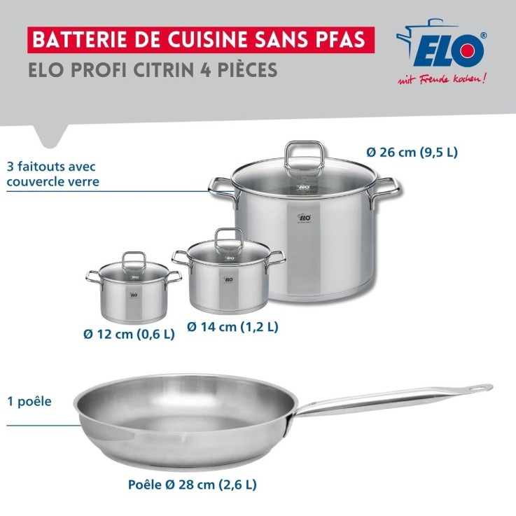 Batterie de cuisine Profi Citrin en inox - 12, 14, 26 et 28 cm