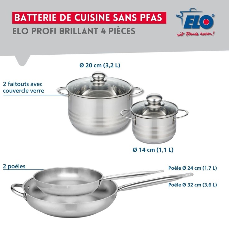 Batterie de cuisine Profi Brillant en inox - 2 poêles et 2 faitouts