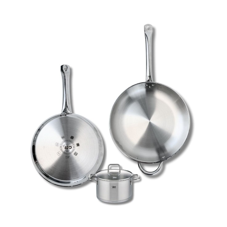 Batterie de cuisine Profi Citrin en inox - poêles 28 et 32 cm - faitout 14 cm