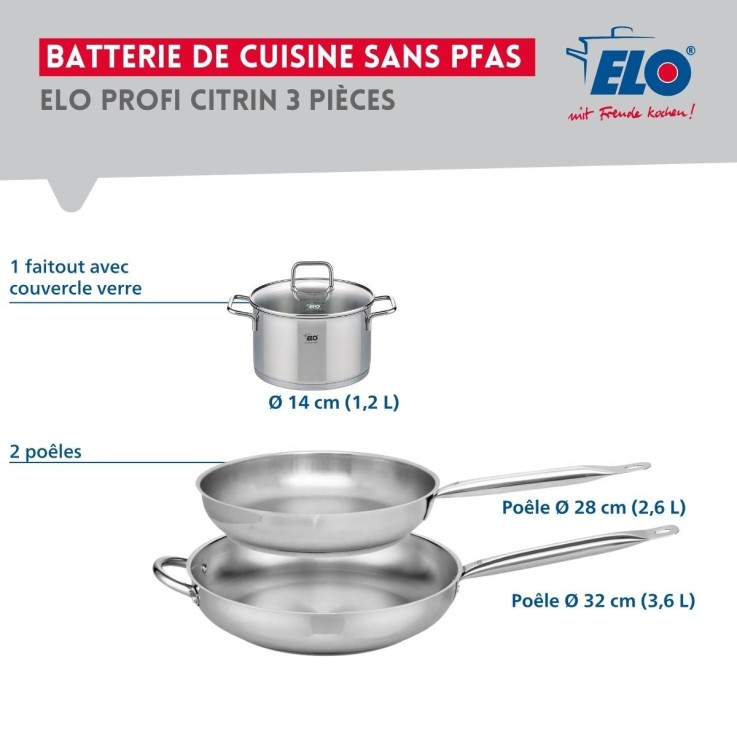 Batterie de cuisine Profi Citrin en inox - poêles 28 et 32 cm - faitout 14 cm