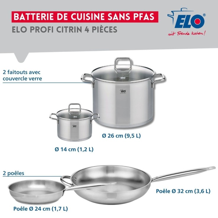 Batterie de cuisine Profi Citrin en inox - 4 pièces - poêles et faitouts