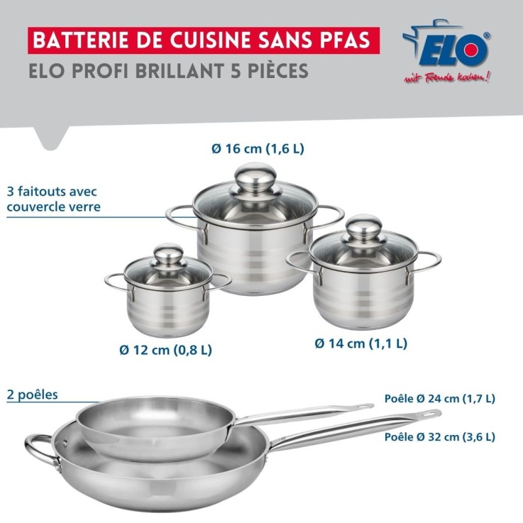 Batterie de cuisine Profi Brillant en inox - 5 pièces - diamètres 12-32 cm