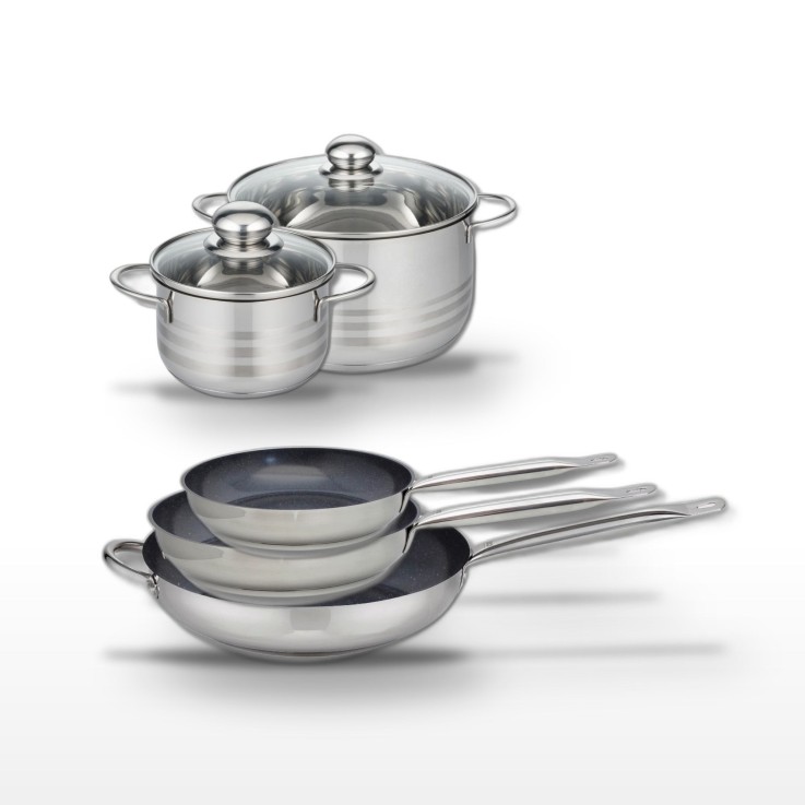 Lot 3 poêles Profi Therm Platinum et 2 faitouts Brillant en inox