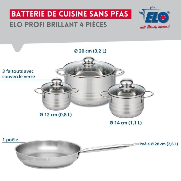 Batterie de cuisine Profi Brillant en inox - 12, 14, 20 et 28 cm