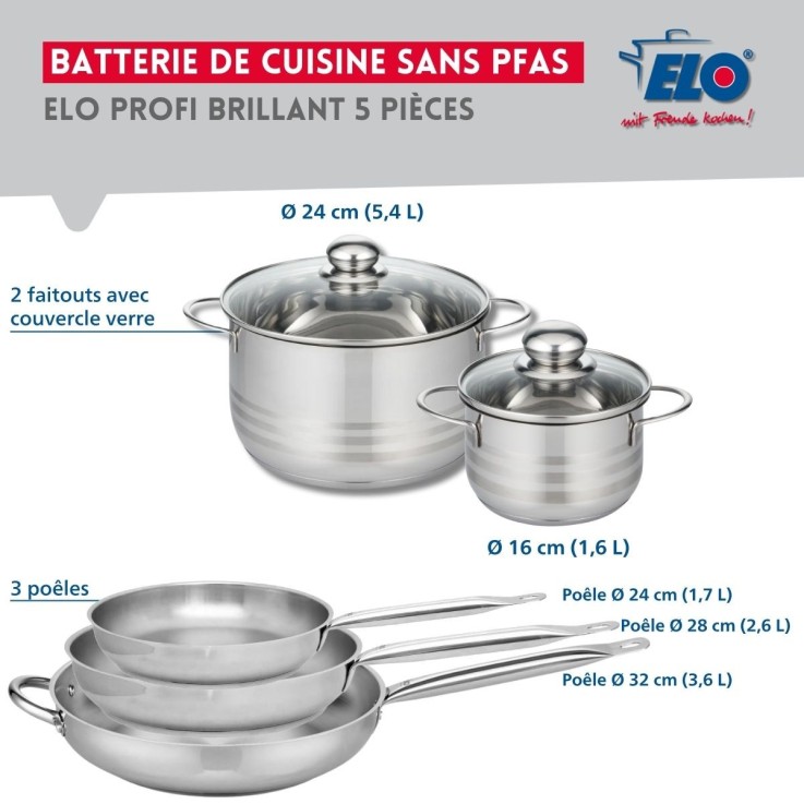 Batterie de cuisine Profi Brillant en inox - 5 pièces - poêles 24, 28 et 32 cm - faitouts 16 et 24 cm