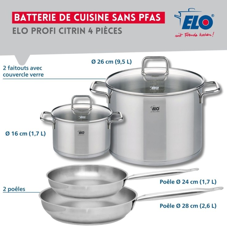 Batterie de cuisine Profi Citrin en inox - 2 poêles et 2 faitouts
