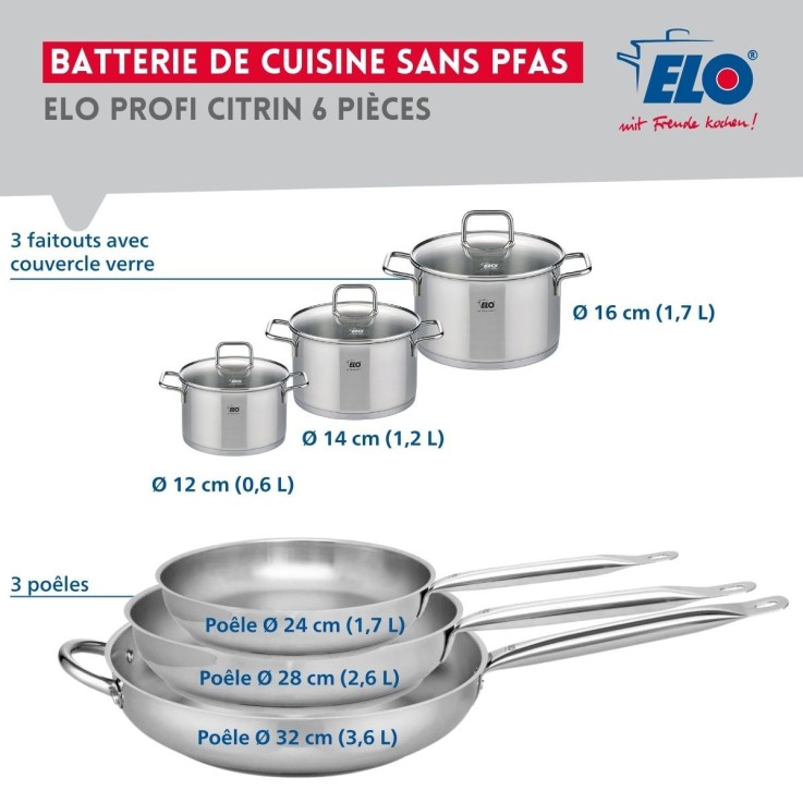 Batterie de cuisine Profi Citrin en inox - 3 poêles et 3 faitouts