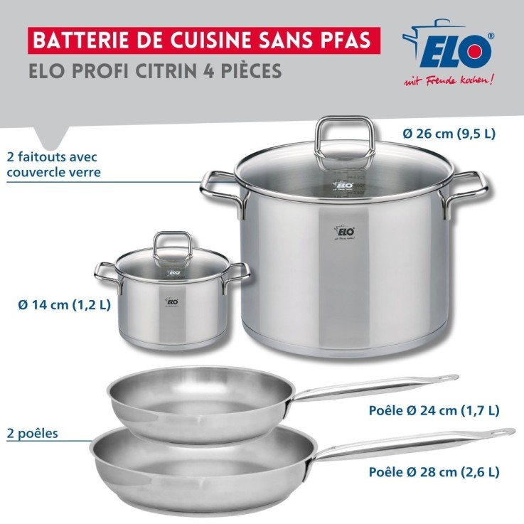 Batterie de cuisine Profi Citrin en inox - 4 pièces - 14/24/26/28 cm