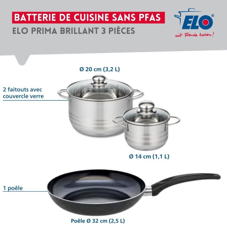 Batterie de cuisine Prima Brillant en aluminium et inox - 32 cm - 14 et 20 cm