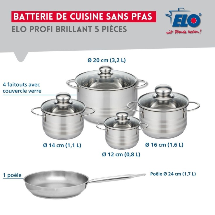 Batterie de cuisine Profi Brillant en inox - 5 pièces - 12 à 24 cm