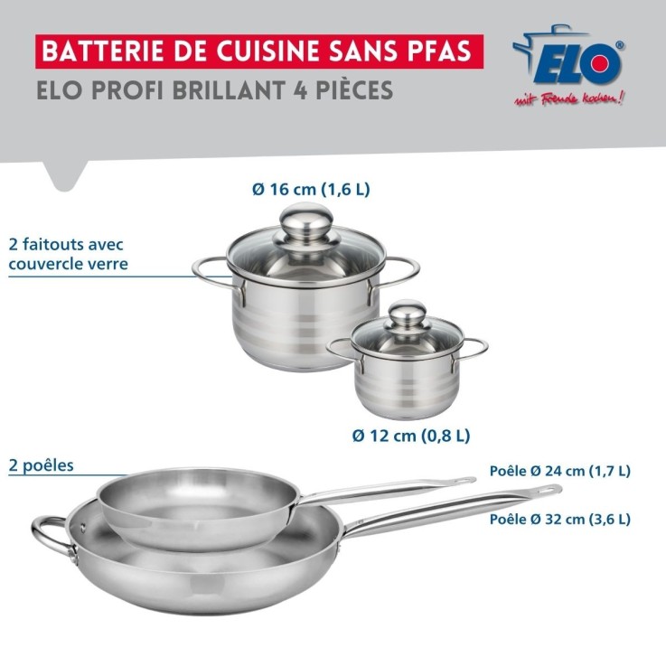 Ensemble de cuisson Profi Brillant en inox - 2 poêles et 2 faitouts