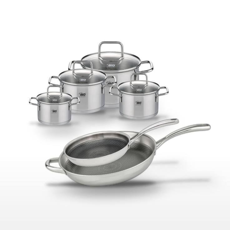 Batterie de cuisine Relief Evolution en inox - poêles 28/32 cm - 4 faitouts
