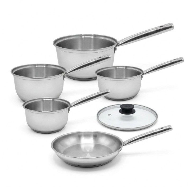 Batterie de cuisine Rhona en inox et verre - 4 casseroles - poêle et couvercle