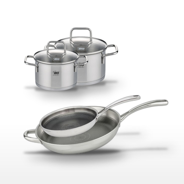 Batterie de cuisine Relief Evolution en inox - poêles 28/32 cm - faitouts 12/14 cm