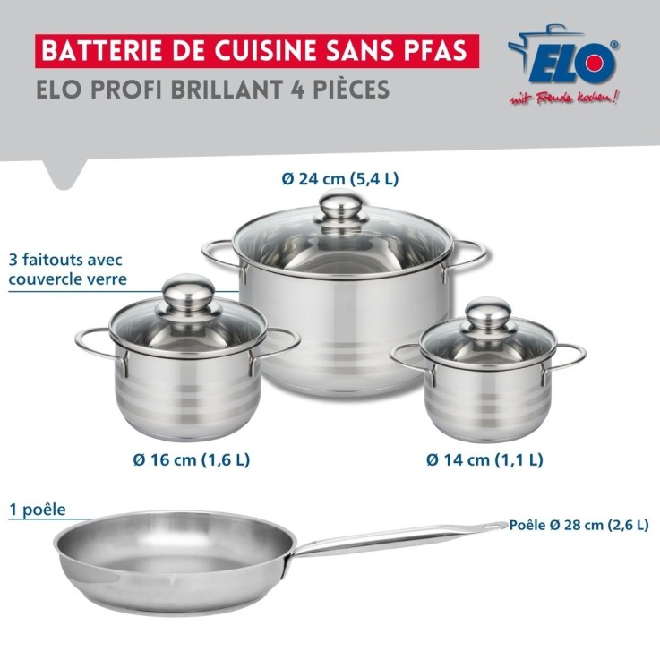 Batterie de cuisine Profi Brillant en inox - 4 pièces - 14 à 28 cm