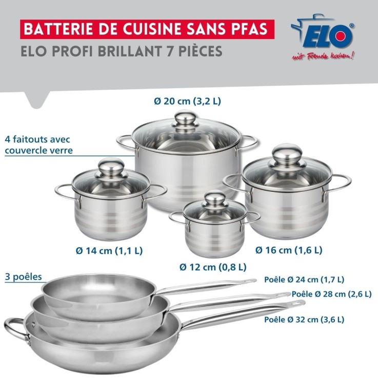 Batterie de cuisine Profi Brillant en inox - poêles 24, 28 et 32 cm, faitouts 12, 14, 16 et 20 cm