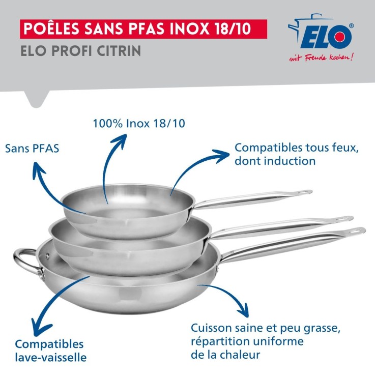 Batterie de cuisine Profi Brillant en inox - poêles 24, 28 et 32 cm, faitouts 12, 14, 16 et 20 cm