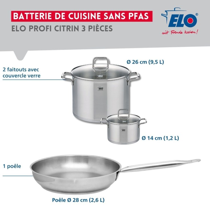 Batterie de cuisine Profi Citrin en inox - 14, 26 et 28 cm