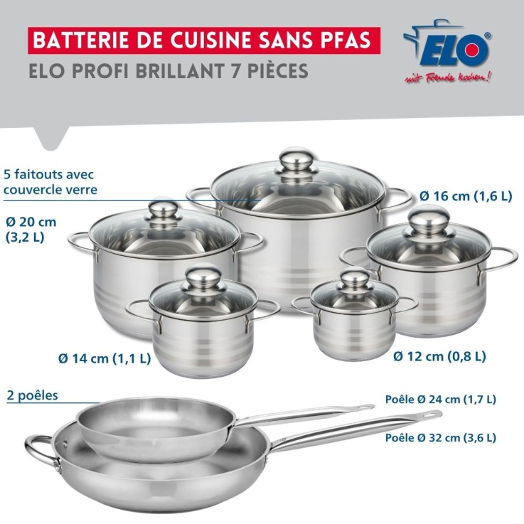 Batterie de cuisine Profi Brillant en inox - 2 poêles et 5 faitouts