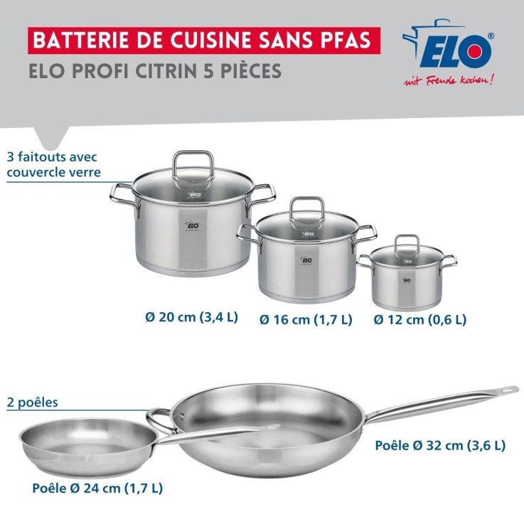 Batterie de cuisine Profi Citrin en inox - 2 poêles et 3 faitouts