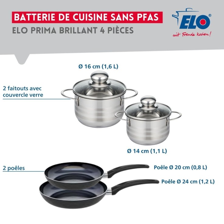 Batterie de cuisine Prima Brillant en aluminium et inox - 14/16/20/24 cm - noire