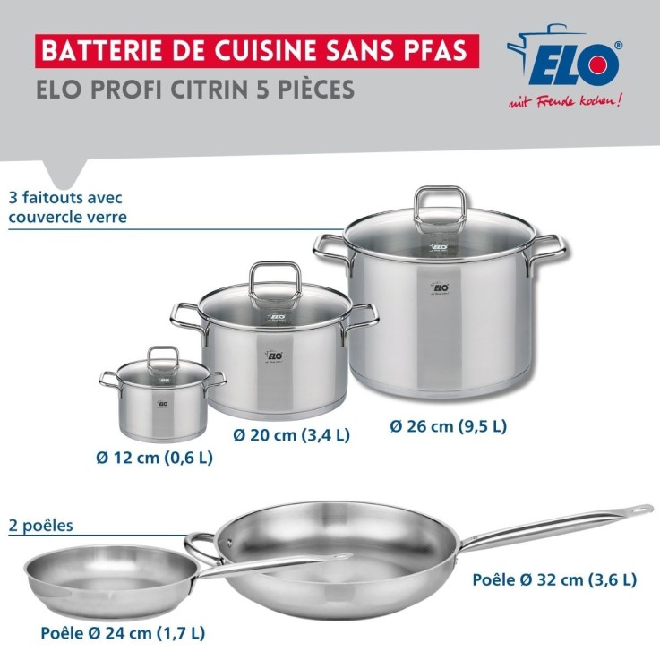 Batterie de cuisine Profi Citrin en inox - 24/32 cm - 12/20/26 cm et