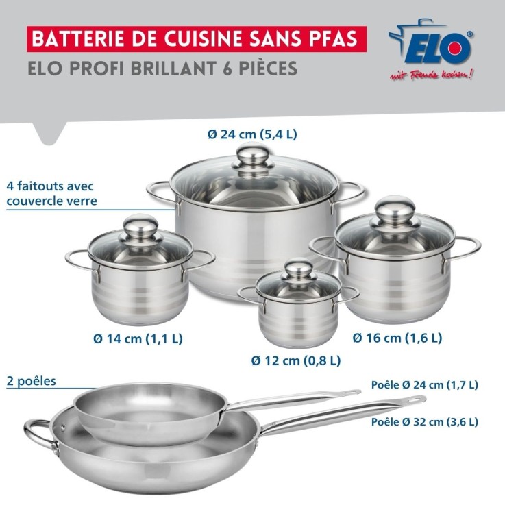 Batterie de cuisine Profi Brillant en inox - 2 poêles et 4 faitouts