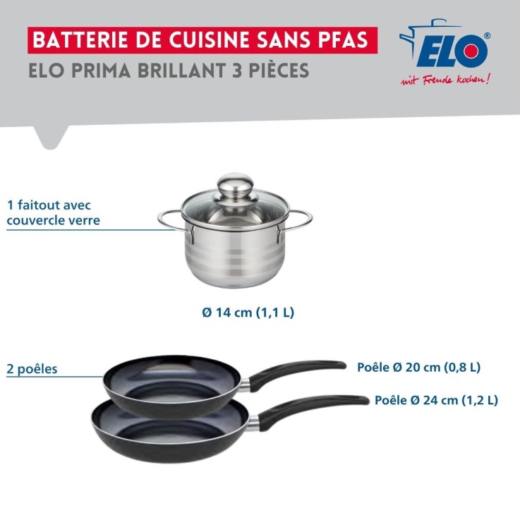 Batterie de cuisine Prima Brillant en aluminium et inox - 20, 24 et 14 cm - noir