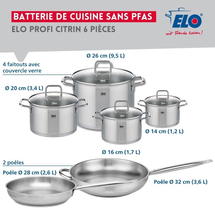 Batterie de cuisine Profi Citrin en inox - 28/32 cm - 14/16/20/26 cm
