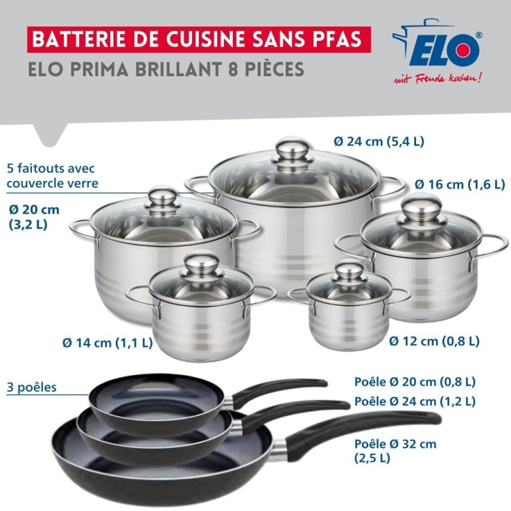 Batterie de cuisine Prima Brillant en aluminium et inox - 8 pièces