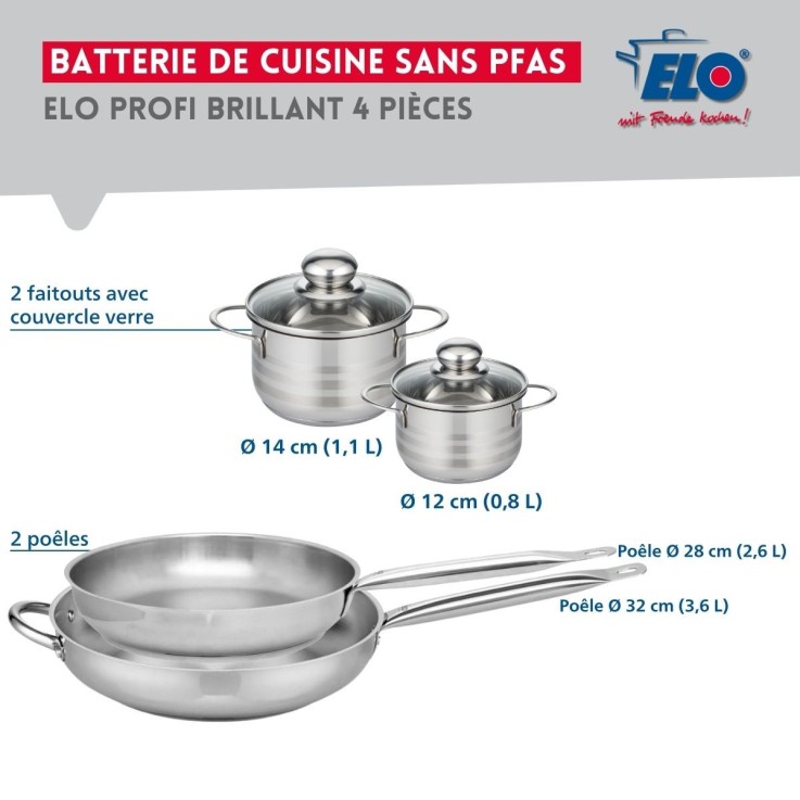 Ensemble de poêles et faitouts Profi Brillant en inox - 4 pièces