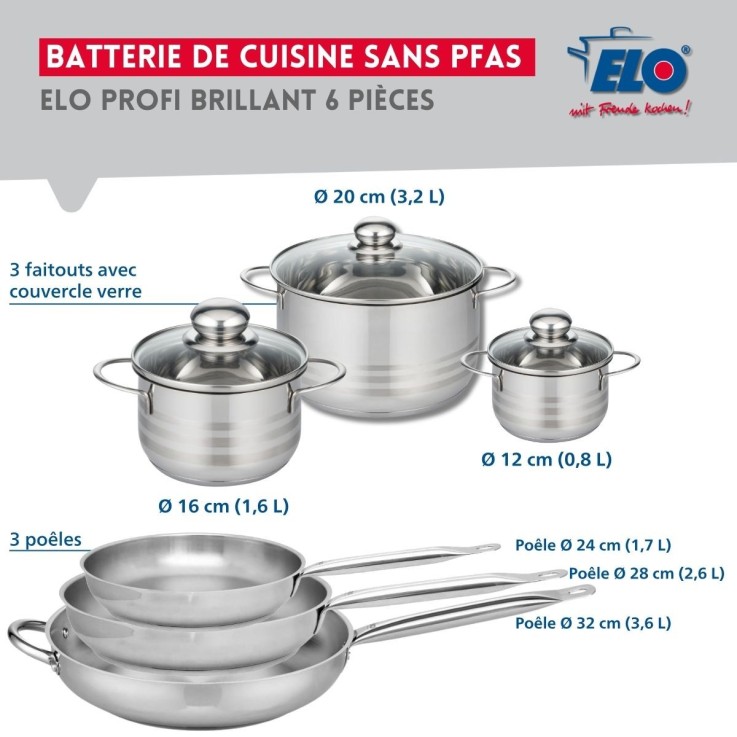 Batterie de cuisine Profi Brillant en inox - 3 poêles et 3 faitouts