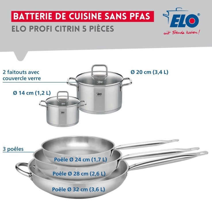 Batterie de cuisine Profi Citrin en inox - 3 poêles et 2 faitouts